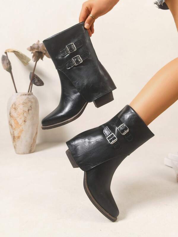Women's Ankle Boots And Ankle Boots, European And American Style New Black Chunky Heel Ankle Boots, Metal Double Buckle Pointed Toe Vintage Motorcycle Boots, Versatile Autumn/Winter Essential