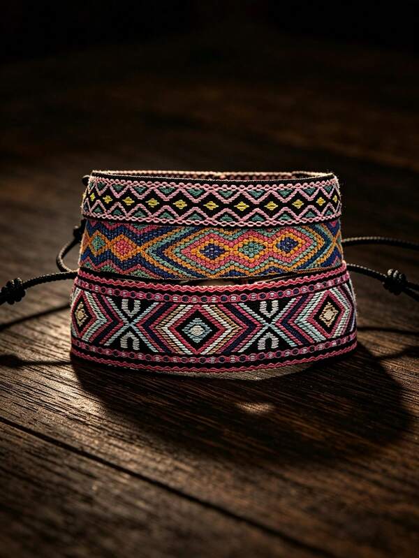 3 piezas/Set Pulseras trenzadas hechas a mano de estilo vintage para mujer, rosa primavera/verano, estilo bohemio artístico de Nepal, tela estampada multicolor, pulsera de cuerda para la mano, joyería
