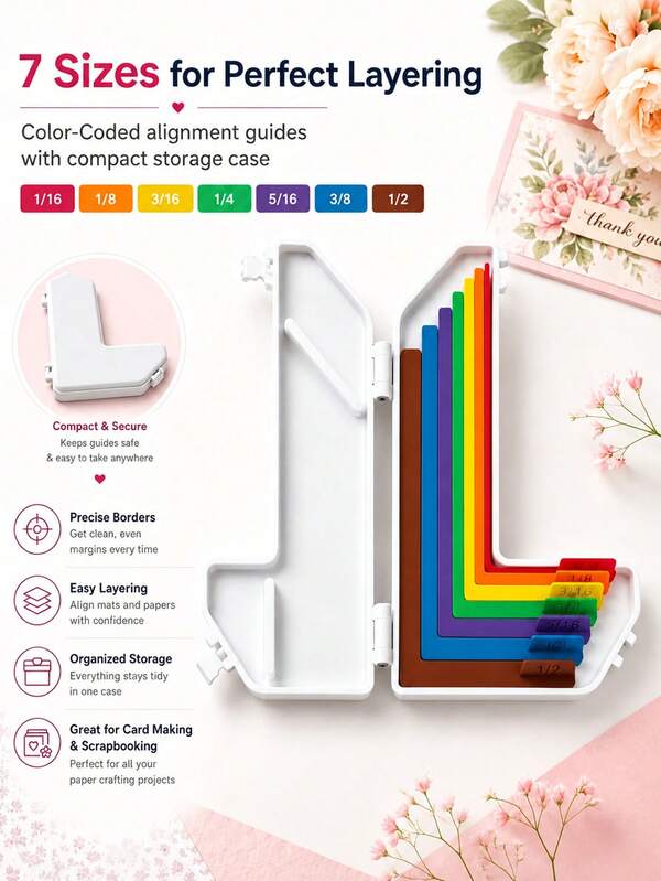 Bộ 7 miếng hướng dẫn căn lề giấy cho làm thiệp và scrapbook; công cụ định khoảng lớp phủ mã màu; hướng dẫn định vị chính xác có vạch đánh dấu kích thước cho thủ công giấy
