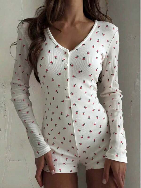 1pc Women's Ditsy Floral V-Neck Long Sleeve Jumpsuit