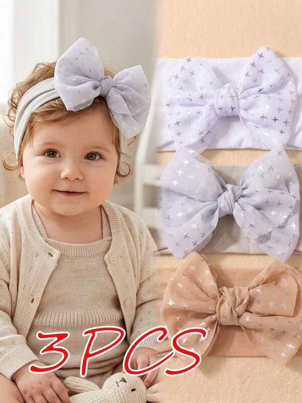 3PCS Girls Candy Color Cute Soft Nylon Big Bow Baby Headband Set, Suitable For Daily Use In All Seasons