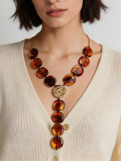1 pieza Collar largo de estilo bohemio vintage, hecho a mano DIY con tejido de ámbar, asimétrico, geométrico en forma de Y con borlas, adecuado para el uso diario de mujeres, banquetes, fiestas y otras ocasiones.