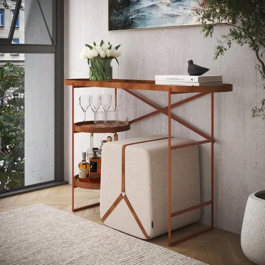 Aparador Sala De Jantar De Ferro/couro 90cm Aparadores Luxo - Champanhe - Visão 1