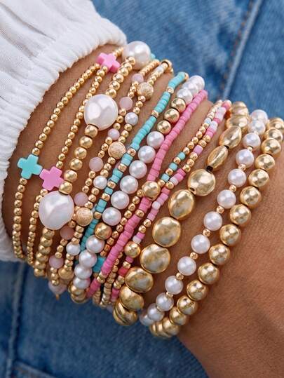 13pcs Y2K Fairy Style Faux Pearl Seed Bead Beaded Bracelets, Women's Personalized Colorful Cross Elastic Stackable Bracelets, Suitable For Women's Daily Decoration, Outfit Matching, Dating, Party, Holiday Gift