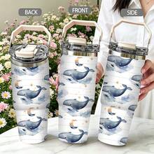 1/5 pièces Gobelet isotherme sous vide 30oz avec boîte cadeau, imprimé nuage bleu et blanc rayé lune étoile baleine, poignée pliable portable, couvercle anti-fuite à double rabat, tasse à double paroi, convient pour les promenades nocturnes, cadeau de dessin animé océan ciel étoilé rêveur - Baleine étoilée - Voir 4