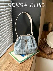 Bolso cubo azul claro con cuadrícula y strass, cordón, cadena y correa de hombro de PU para mujer, uso diario, citas, compras, almacenamiento de teléfono, lápiz labial y llaves - Azul - Ver 3