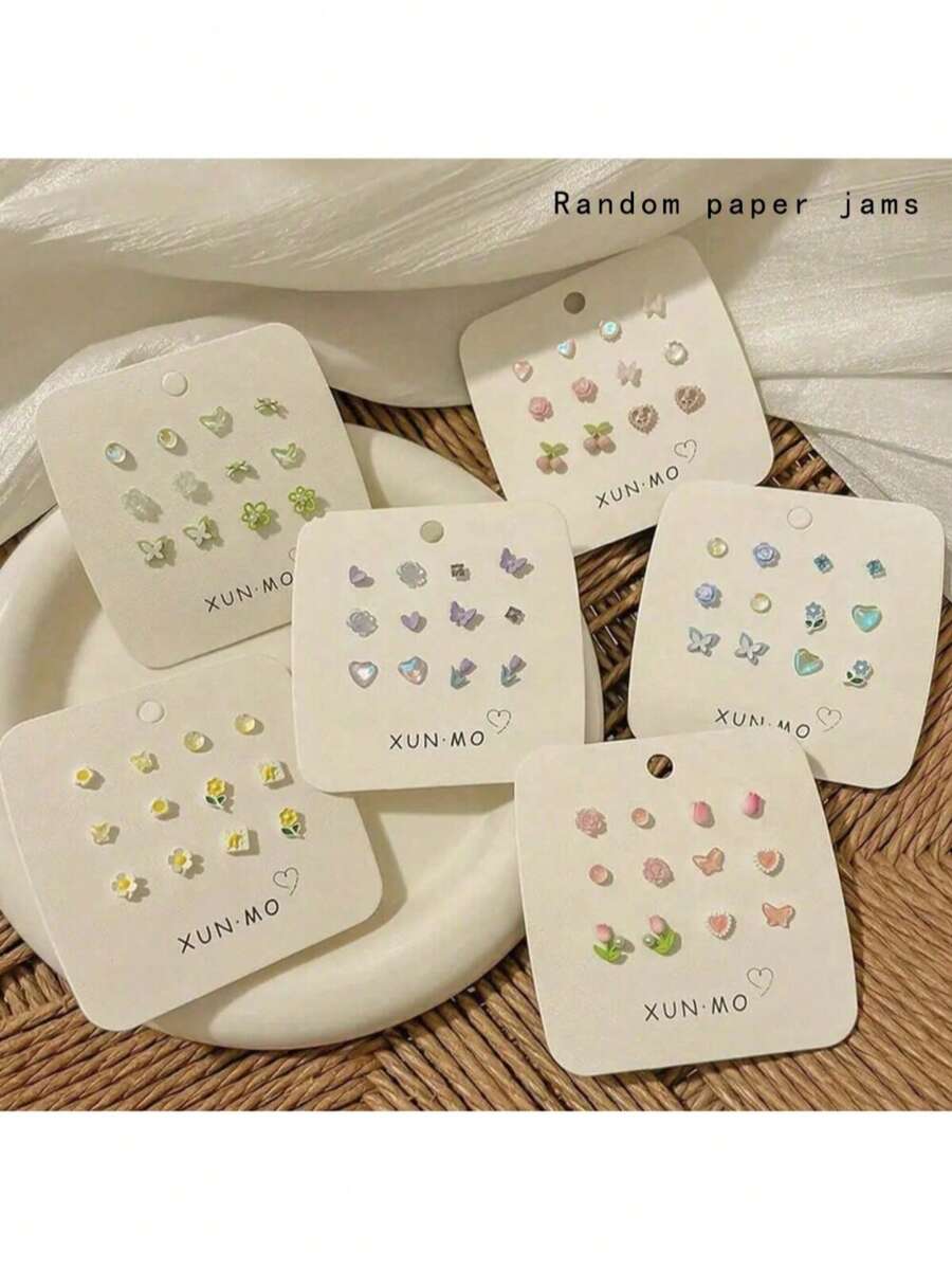 12 piezas/paquete de pendientes de botón florales pequeños y dulces versátiles, adecuados para niñas - Multicolor - Ver 1
