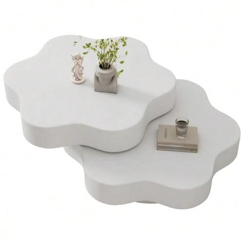 N625P300082083W) Flower-Shaped Coffee Table, 360° Rotating Tabletop, Rotating Living Room Table, Two-Tier Sofa Table, 2 Storage Surfaces, Recommended Total Load Capacity 30 Kg, MDF, Cream White - White - View 1