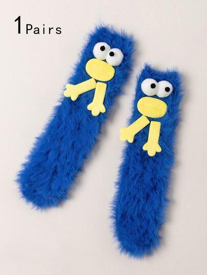 1 Pair Big Kids/Teens Blue Cartoon Funny Ugly Cute Socks, Autumn/Winter Home Plush Warm Mid-Calf Socks, Sleep Floor Socks