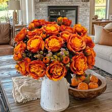 1/3/60pcs Autumn Peony Artificial Flowers, Silk Burgundy Peony Fake Flower Bouquet, Autumn Floral Arrangement, Suitable For Centerpiece, Wedding, Party, Home Decor - Orange - View 2