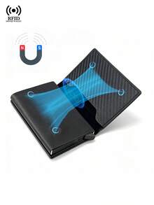 RFID Blocking PU Leather Men's Wallet Pop Up Card Holder Slim Trifold Smart Wallet With Zipper Coin Pocket Magnetic Closure Credit Card Case - Black - View 6