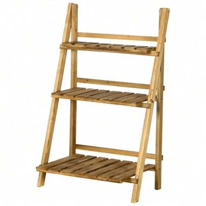 Outsunny Wooden Folding Flower Pot Stand 3 Tier Garden Planter Display Ladder Gardener Storage Shelves Rack Herb Holder 60L X 37W X 93H Cm