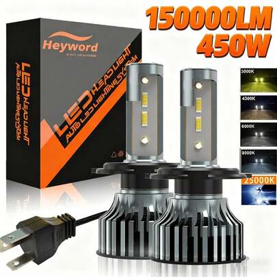 Heyword 2 قطعة مصابيح سيارة LED 9005 9006 H13 H11 H7 H4 H1 شعاع عالي/منخفض، 450 واط 150000 لومن 800% أكثر سطوعًا، 5 ألوان اختيارية 6500K/3000K/4300K/8000K/25000K، مروحة سريعة وهادئة، شريحة 1860، توصيل وتشغيل
