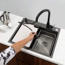 YUNRUX Kitchen Sink, Sink With Inner Bowl, Black Sink With Pull-Out Faucet Black - 黑色 - 查看 7