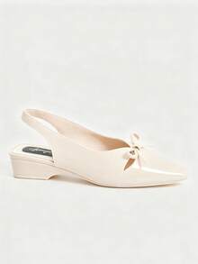 Women's Pointed Toe Slingback Low Heel Sandals, Gentle Style Bow Knot Low Vamp Chunky Heel Pumps, Commute Versatile Closed Toe High Heel Sandals - White - View 3