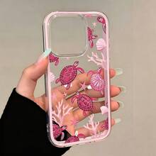 1pc Pink Coral Turtle 17 Pro Phone Case 16/15/14/13 Pro Max Apple 11 Transparent 12 Soft - Pink - View 3
