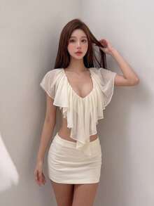 女款性感深V領荷葉邊短版上衣搭配緊身迷你裙兩件套，休閒白色套裝 - 杏色 - 查看 2