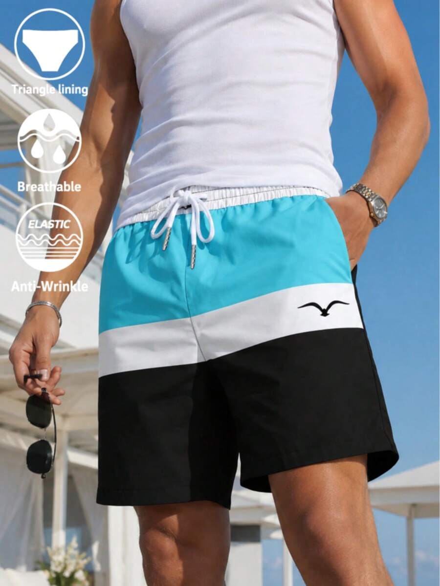 Men's Colorblock Print Drawstring Elastic Waist Slanted Pocket Mesh Lining Casual Vacation Beach Shorts
