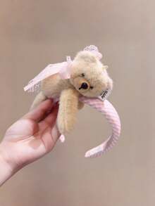 1pc Pink Plush Bear Headband With Lace Bow, Cute Women's Face Wash Headband - Multicolor - View 2