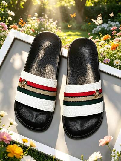 1 Pasang Sandal Selop Motif Tengkorak Bergaris Warna-warni Gaya Olahraga, Sol Lembut Q-Bounce, Cocok untuk Dalam Ruangan, Luar Ruangan, Pantai, Tepi Laut, dan Lainnya