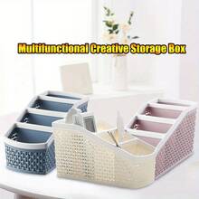 1pc 4-Compartment Faux Wicker Plastic Desktop Remote Control Storage Rack, Living Room Coffee Table Multi-Function Divided Organizer Box, Space-Saving Tidy Desktop Clutter Organizer - Multicolor - View 4