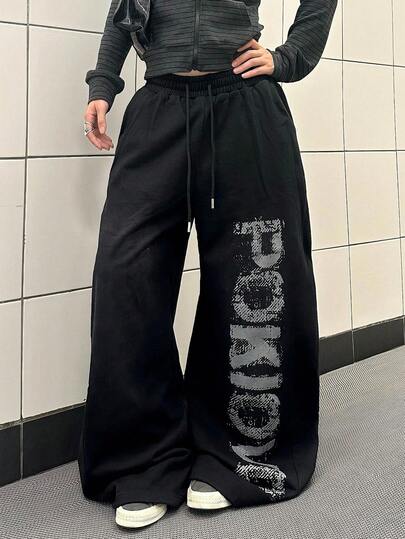 Women's Letter Print Drawstring Waist Pocket Loose Wide Leg Long Pants