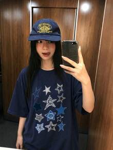 Y2K風格女款夏季新款休閒寬鬆美式星星印花短袖T恤上衣 - 深藍 - 查看 2