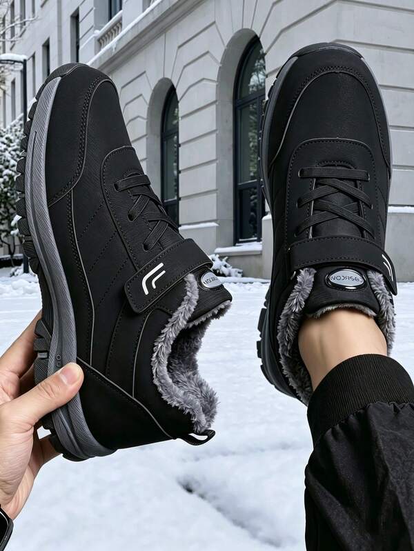 Men Plush Lined Thermal Ankle Snow Boots, AdjustableStrap, Shock Absorb Anti Slip Sole For Daily Hiking & Cold Weather Travel