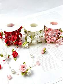 Pink Rose Pearl Leaf Beaded Garland Ribbon, Suitable For Wedding, Party, Home Decor, DIY Accessories, Gift Wrapping - 2m/78.7in - Ribbon - View 2