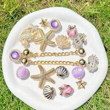 18pcs Gold & Purple DIY Detachable Shoe Charms, With Sequin Chain, Starfish, Shell, Water Ripple, Star, Suitable For Perforated Slippers - Golden Purple - View 8