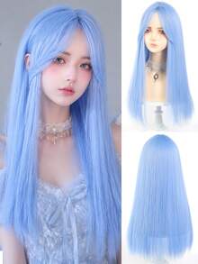 Sky Blue 24 Inch Heat Resistant Synthetic Long Curly Layered Wig With Bangs Women Daily Halloween Party Cosplay Fashion Wig - Multicolor - View 9