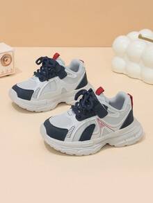 Sepatu Sneakers Chunky Anak-Anak Warna Abu-abu Muda, Biru Tua, dan Merah dengan Desain Blok Warna dan Perekat, Sepatu Anak-Anak Minimalis Cocok untuk Perjalanan Sepanjang Musim dan Pemakaian Sehari-hari - Navy Blue - View 3