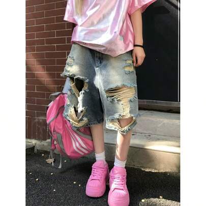 アメリカン・レトロ ウォッシュ加工 ダメージ デニムショートパンツ ユニセックス 夏 ゆったり カジュアル 半ズボン レディース メンズ ボトムス コーデ
