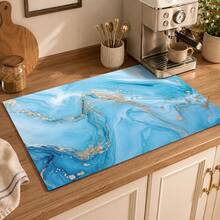 1 pieza Alfombrilla de drenaje de cocina de tierra de diatomeas con patrón de mármol azul & blanco y dorado, alfombrilla absorbente de secado rápido y antideslizante para cafetera y alfombrilla de secado de platos, adecuada para encimera de cocina y mesa de comedor - Multicolor - Ver 2