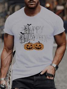 Pumpkin Bats Happy Halloween Print T-Shirt, T-Shirts For Men, Casual Short Sleeve T-Shirt For Summer 8QWS - White - View 1