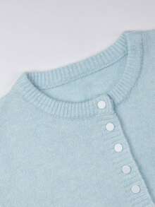 Women's Mint Green Knitted Wool Cardigan, Comfortable And Warm, Long Sleeve Ribbed Knit Top, Round Neck Button Front, Winter Essential Fall - Baby Blue - View 8