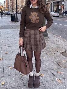 Women's Bear Pattern Casual Daily Wear Knit Top - Brown - View 6