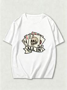 Camiseta de Cuello Redondo para Hombre con Diseño Gráfico de Calavera de Póker "ALL IN" de Vintage Tattoo, Camiseta de Manga Corta con Diseño de Cartas de Juego Retro - estilo1 - Ver 1