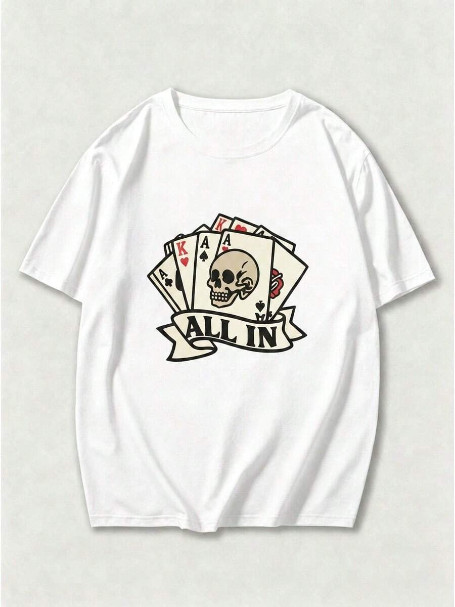 Camiseta de Cuello Redondo para Hombre con Diseño Gráfico de Calavera de Póker "ALL IN" de Vintage Tattoo, Camiseta de Manga Corta con Diseño de Cartas de Juego Retro - estilo1 - Ver 1