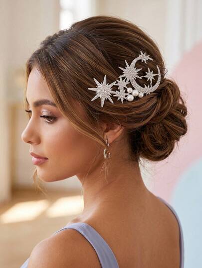 1pc Rhinestone Star Moon Hair Comb Faux Pearl Celestial Bridal Wedding Hair Accessories