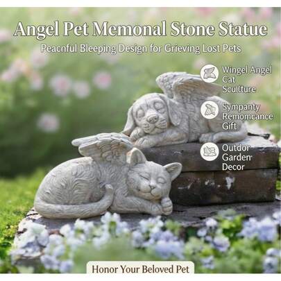Angel Pet Memorial Stone Statue, Peaceful Sleeping Design, Comforting Memorial Gift For Pet Loss, Winged Angel Cat Sculpture, Outdoor Garden Pet Memorial Decor Ornament