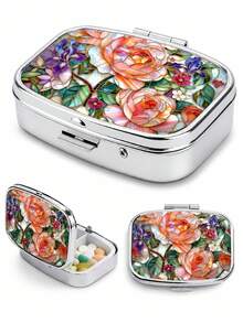 1pc Portable Floral Printed Pill Case, Mini 2 Grid Divided Medicine Tablet Storage Box, Vintage Flower Pattern Metal Pill Container For Pocket Purse Travel Daily Vitamin Organizer Gift For Women - Multicolor - View 13