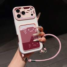 可愛貓咪疊加圖案荔枝紋防摔卡夾手機殼附掛繩，適用於 Apple 11、12、13、14、12PROMAX、13PROMAX、15、15PRO、15PLUS、15PROMAX、16、16Pro、16Plus、16Promax、17、17Pro、17AIR、17Promax 及其他手機機型，情侶與節日送禮佳選 - 粉色 - 查看 5