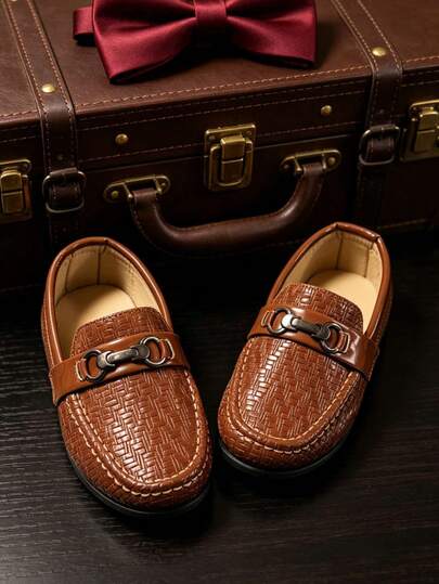 1 Pair Kids' Woven Texture Metal Buckle Loafers, Boys' Vintage Slip-On Flat Shoes, Soft Sole Anti-Slip Dress Performance Shoes, Versatile School Casual Driving Loafers, Breathable Comfortable Daily Outdoor Slouchy Shoes