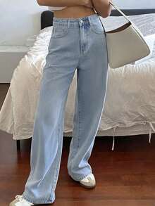 Women's Casual Loose Straight Leg Jeans With Button And Lace Pocket Details, Elegant Non-Stretch Long Straight Pants, Y2K Style - Light Wash - View 3