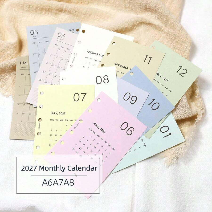 12pcs A6 A7 M5 Colorful 2027 Monthly Calendar Refill Pages, Monthly Planner Loose-Leaf Paper, Monthly Calendar Divider Pages, Suitable For Schedule, Marking Holidays, Anniversaries, Special Dates, Habit Tracking, Check-In - Color 2027 Monthly - View 1