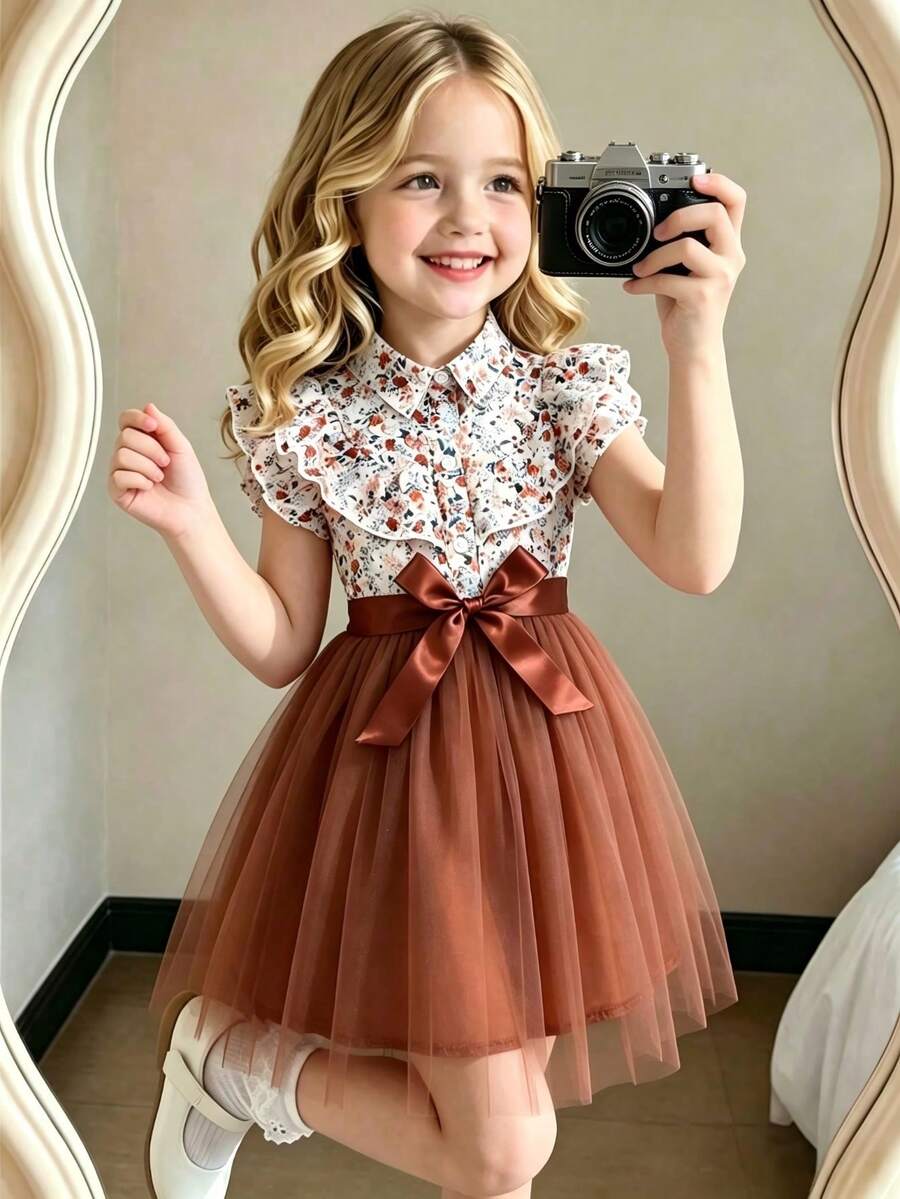 فستان بنات بتصميم أزهار صغيرة مع طوق مكشكش، أكمام متدلية، خفيف وسلس، مناسب للارتداء اليومي، الحفلات، مناسبات عيد الميلاد - بني - مشاهدة 1