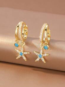1 Pair Fresh Blue Turquoise Full Rhinestone Starfish Double Pendant Thin Hoop Earrings Suitable For Women Beach Vacation Wear - Starfish - View 11