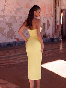 ADYCE Elegant Strapless Ruched Mesh Patchwork Boned High Waist Slit Backless Lace-Up Mid-Length Prom Dress - Yellow - View 2