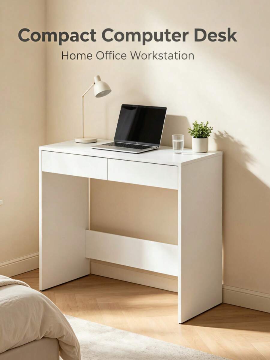 Rectangular Makeup Vanity Desk With Two Drawers, Crafted From Durable Particle Board. Available In Two Colors, This Multi-Purpose Table Works As A Computer Desk, Ideal For Organizing Skincare, Cosmetics And Stationery In Bedrooms And Apartments. - Multicolor - View 1